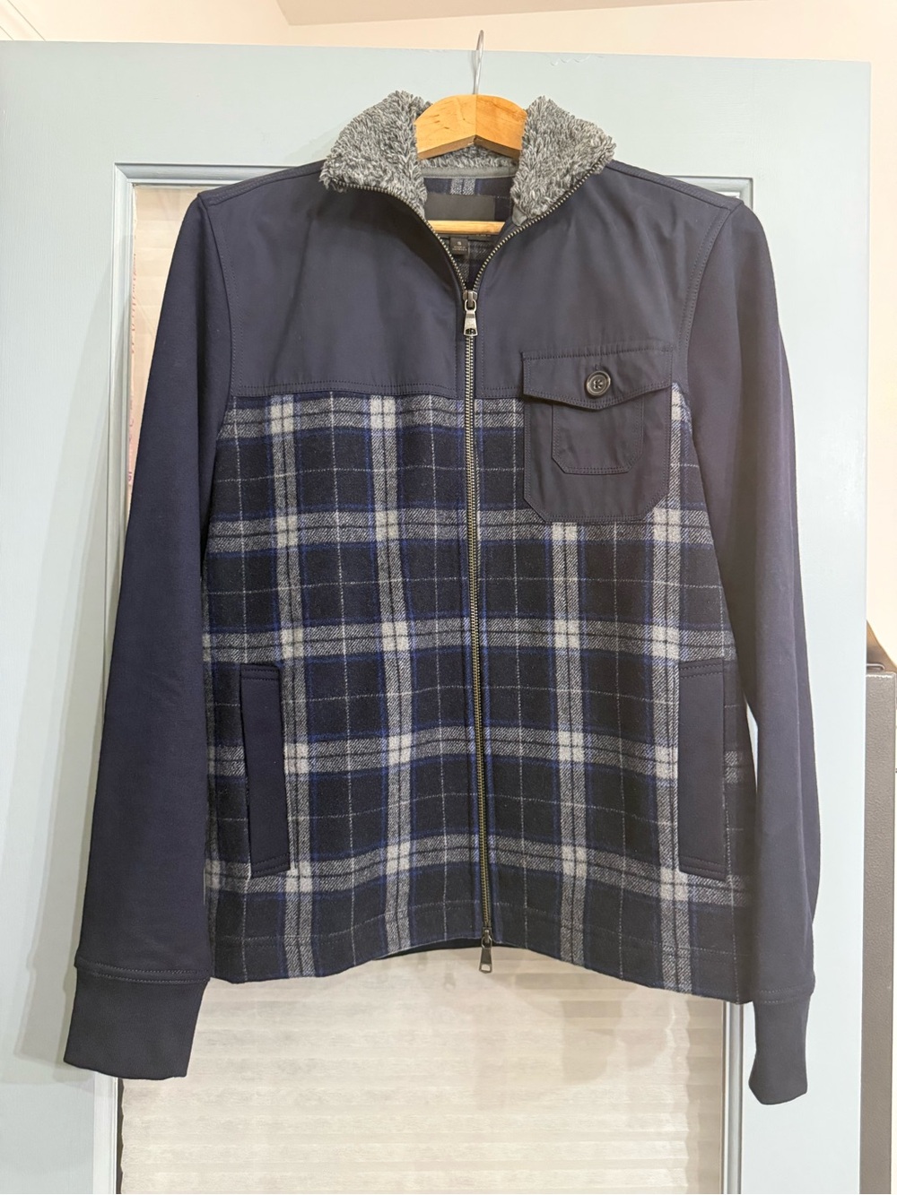Banana Republic Navy Plaid Jacket with Gray Sherpa Trim